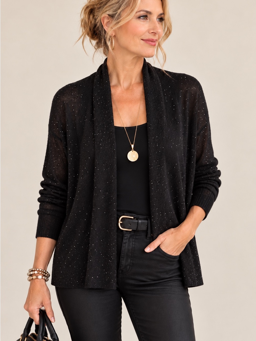 Eileen Fisher Black 100% Merino Wool Sparkle Open 
Cardigan M Italian Yarn